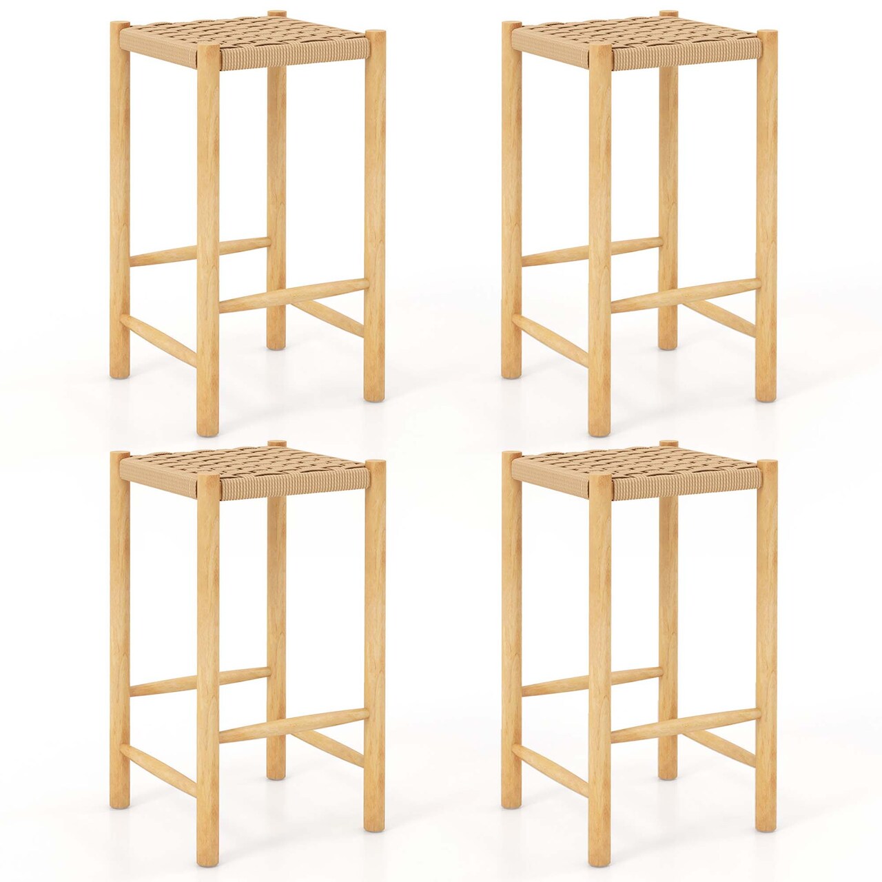 Costway 26'' Dining Bar Stool Set of 2/4 Counter Height with Rubber Wood Woven Saddle Seat